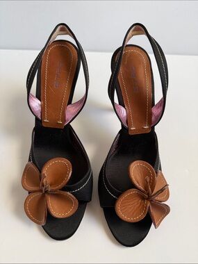 Etro Black Satin Slingback with Large Brown Leather Flower Accent & Wood Heels